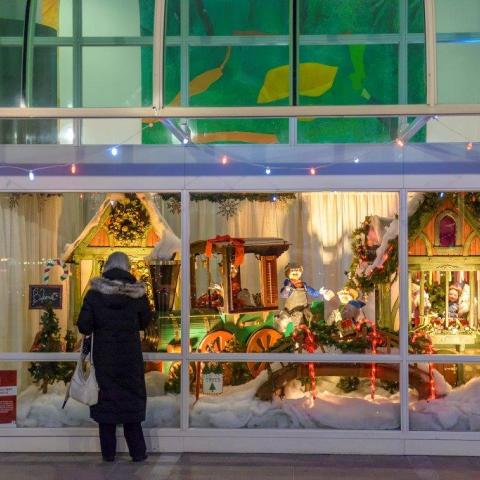 Person enjoying the Woodwards display at Canada Place