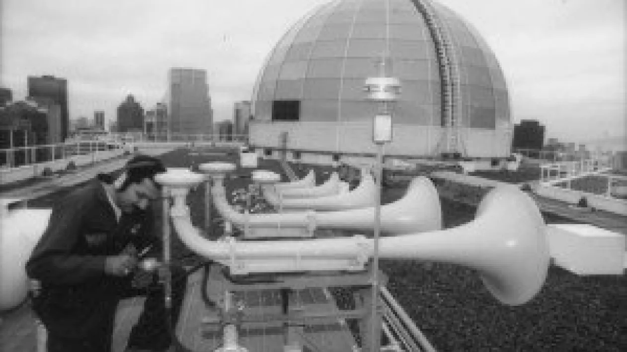 Old image of the heritage horns on the roof of Canada Place