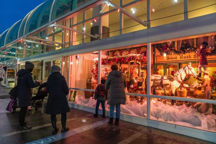 People at Canada Place enjoying the Woodwards windows display